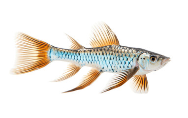 A vibrant blue and yellow fish gracefully swimming on a pristine white background