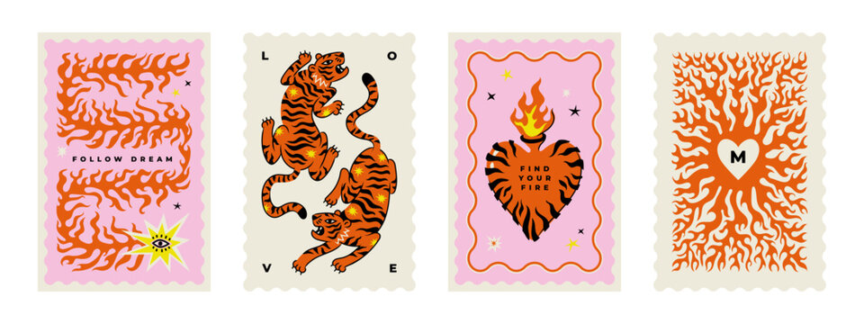 Boho celestial magic art tiger heart star comet flame fire. Contemporary illustration poster card sticker in playful bohemian style. Mystic cosmic tarot aesthetic. Black red white yellow pink colors.