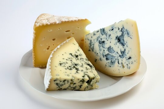 Assorted Aged Cheeses on White Porcelain Plate - Parmesan, Blue, Stilton, Dutch, Swiss. Isolated Dairy Concept Food in Yellow Tone.