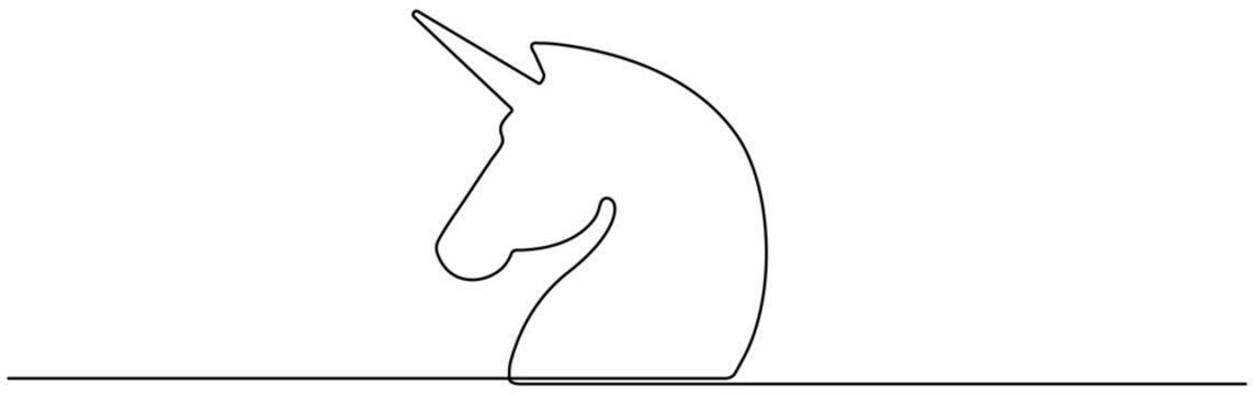 Unicorn head continuous one line drawing. Magic animal linear symbol. Fairytale character. Vector illustration isolated on white.