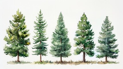 Pine Tree Watercolor Collection on White Background Generative AI
