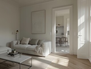 A living room with a white couch and a white coffee table