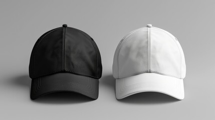Blank Baseball Cap Mockup Template for Advertising and Apparel Design, White and Black Caps on Grey Background