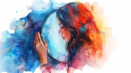 Women Embracing Self-Love: Watercolor Illustration of a Person Hugging a Mirror Generative AI
