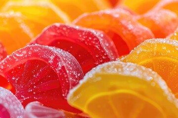 Candy Gummies in Bright Fruit Colors. Closeup of Chewy and Colorful Gummy Candies in Red, Orange and Yellow Hues