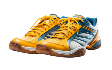 A pair of vibrant yellow and blue tennis shoes on a colorful background, standing out with their unique design