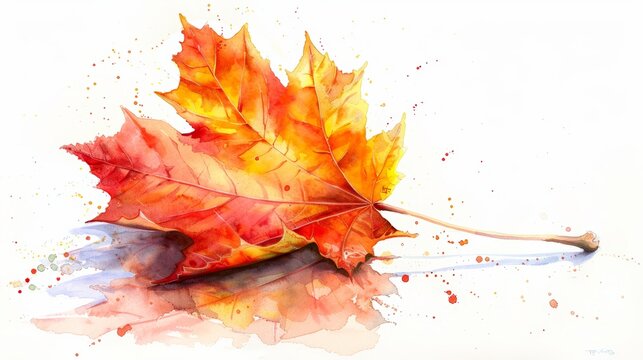 Single Autumn Leaves Watercolor Painting on White Background Generative AI