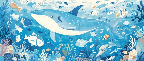 A cartoonish drawing of a blue whale swimming in a sea of fish