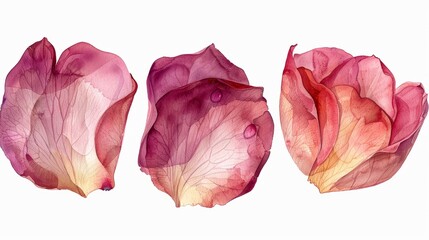 Watercolor Collection of Single Pink Rose Petals on White Background Generative AI