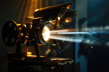 Classic Antique Film Projector. Bright Beam of Cinema Art on Dark Background