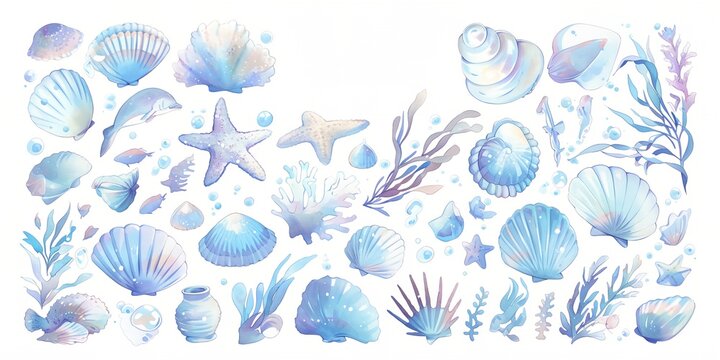 A blue and white poster with a variety of sea creatures including a starfish