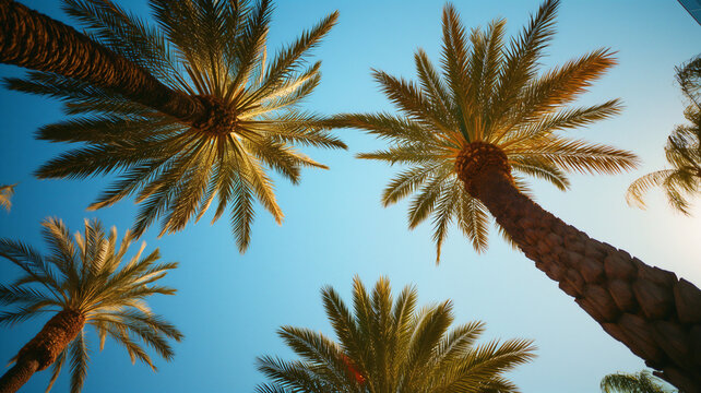 Upward View of Lush Palm Trees Against Clear Blue Sky
