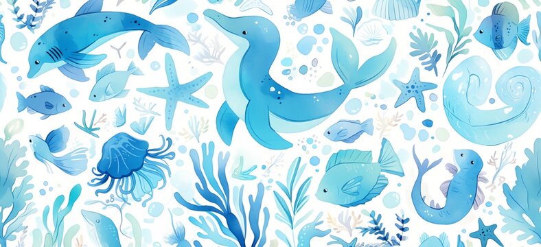 A blue and white background with a variety of sea creatures including fish
