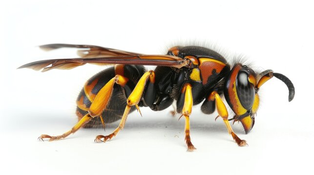 Closeup of Powerful Asian Hornet with Yellow and Black Stripes, Symbol of Wasp Strength and Insect Extinction