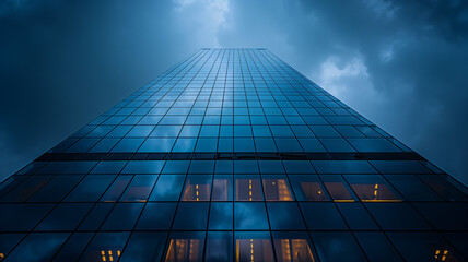 Fototapeta na wymiar Reflective Glass Skyscraper Towering Against Moody Sky