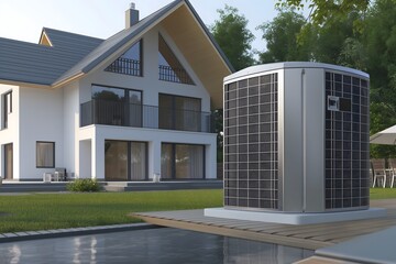 Wärmepumpe steht auf dem Grundstück mit dem Haus im Hintergrund, Heizungs- und Energiekonzept für ein modernes Haus, Konzept Nachhaltigkeit und erneuerbare Energie