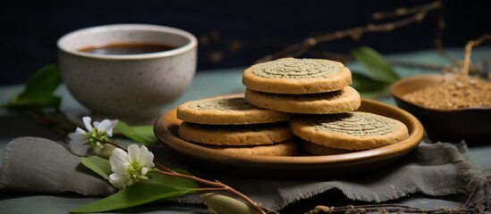 Delicious cookies and a warm cup of coffee are placed on a wooden table in a cozy setting