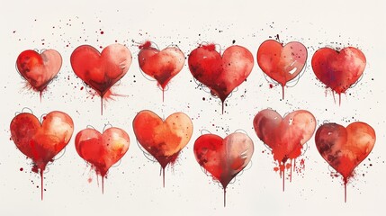 Assorted Red Hearts in Watercolor Knolling Style from Large to Smaller on a White Background Generative AI