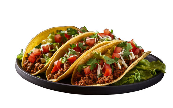 Three mouthwatering tacos piled with lettuce and tomatoes on a plate