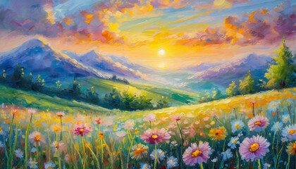landscape painting with flowers and sunset