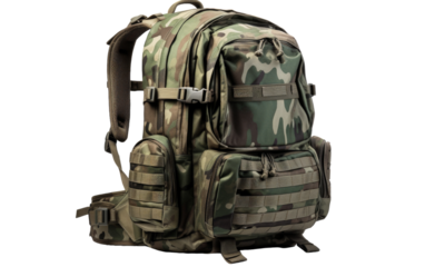 A backpack with a camouflage pattern blending seamlessly into the surroundings