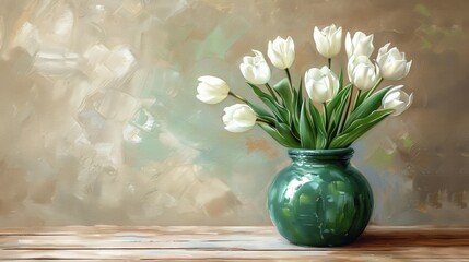 Vintage Green Vase with White Tulips on Wooden Table in Oil Paint Style Generative AI