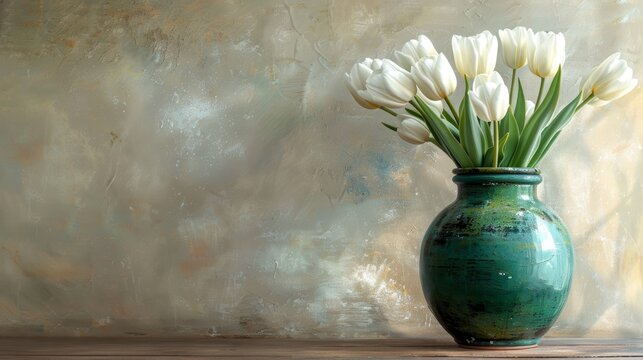 Vintage Green Vase with White Tulips on Wooden Table in Oil Paint Style Generative AI