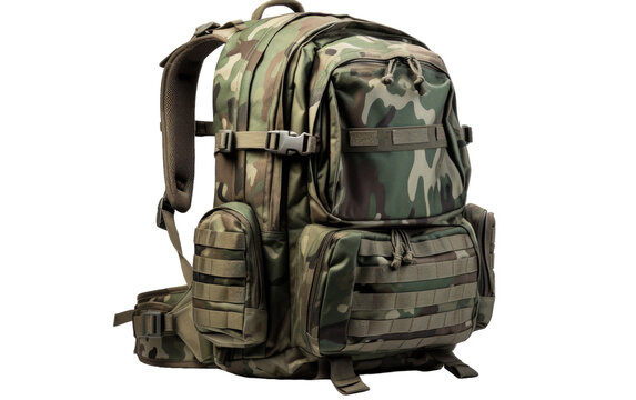 A backpack with a camouflage pattern blending seamlessly into the surroundings