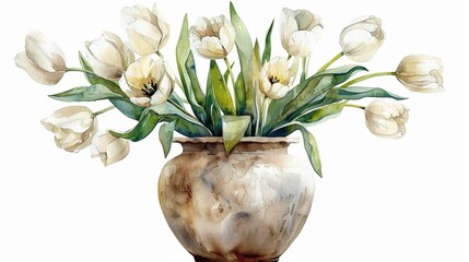 Vintage Vase adorned with White Tulips in a Watercolor Painting Generative AI