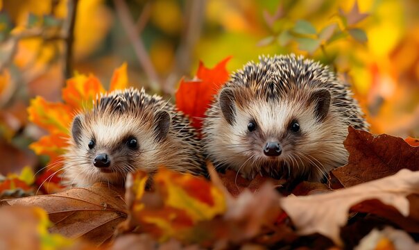 Zwei Igel im Garten im Laub, sch&ouml;nes Herbstbild