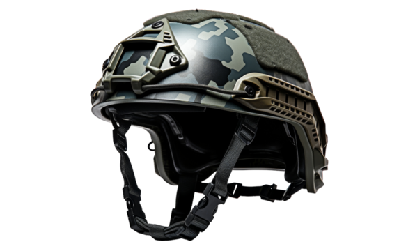 A helmet adorned with a camouflage pattern, blending seamlessly into its surroundings