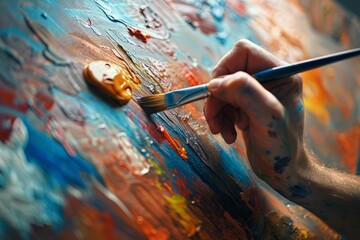 Painter Applying Bold Oil Paint Strokes on Canvas - obrazy, fototapety, plakaty