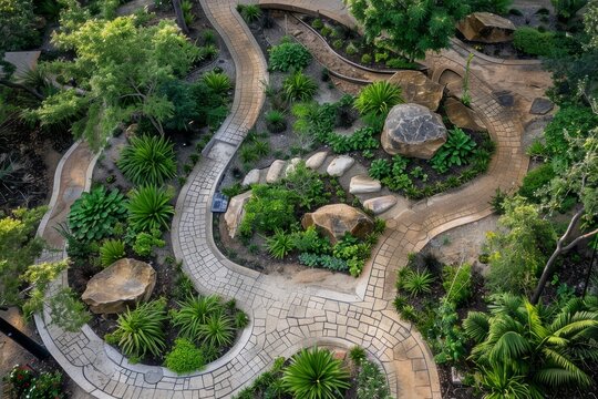 Aerial Perspective of Curved Eco-Friendly Garden Walkways