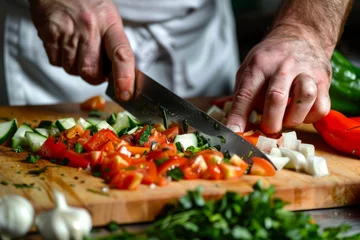 Fotobehang Professional Knife Work, Dicing Tomatoes on Cutting Board © Ilia Nesolenyi