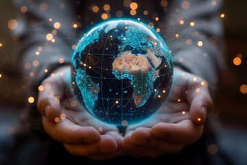 Hände halten einen digitalen Globus mit darüberliegenden digitalen Verbindungen und Knoten, der ein Netzwerk und globale Kommunikation darstellt, Konzept Vernetzung