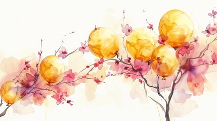Watercolor Painting with Yellow Balloons and Pink Flowers on White Background Generative AI - obrazy, fototapety, plakaty