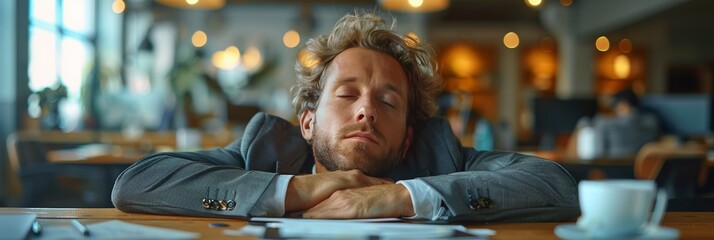 Overworked executive falls asleep in formal attire at office desk under bright lights. - obrazy, fototapety, plakaty