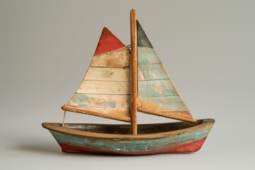 A used wooden toy yacht with intact sails on a mast painted in 4 colors