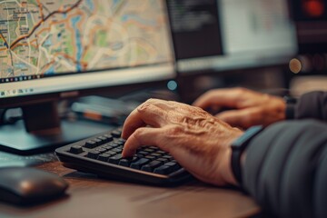 Logistics Planner Analyzing Maps on Computer Screens - obrazy, fototapety, plakaty