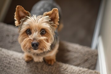 adorable yorkshire terrier on stairs posing for camera
