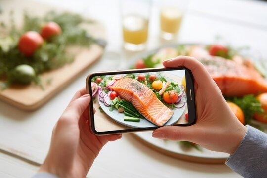 hands with a smartphone take pictures of fish. ingredients for diet, cooking. application for online food delivery.