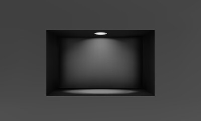 Empty niche or shelf on black wall with led spotlight 3D mockup