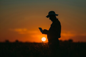 Agricultural Expert Analyzing Data on Tablet at Sunset