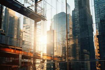 A cluster of skyscrapers reaches for the sky, their glass facades reflecting the sun, Construction site of a glass skyscraper reflecting sunlight, AI generated