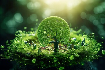 The concept of integrating AI technology for sustainability and greener Earth. Ecological, environment, conservation, futuristic, eco-conscious, global, advancement, green initiatives, smart solutions - obrazy, fototapety, plakaty