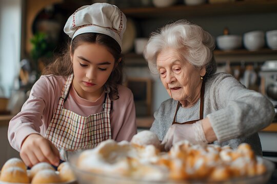 Gro&szlig;mutter und Enkelin bereiten traditionelle Ostergerichte zu, backen Kuchen und S&uuml;&szlig;igkeiten, Konzept Backen, Kochen