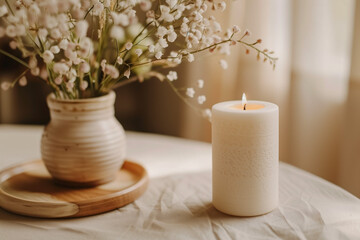 Warm sunlight bathes a scene featuring a glowing candle on a wooden tray beside a rustic vase filled with delicate baby's breath, all set against a backdrop of gently draped, airy curtains