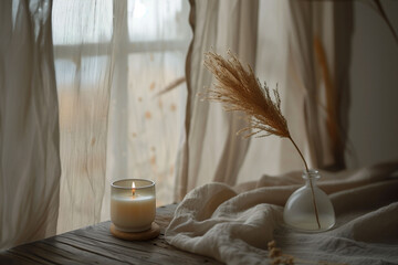 A tranquil setting captures a single lit candle and a delicate dried plant in a minimalist vase, exuding a serene and clean aesthetic on a wooden surface, with sheer curtains