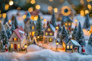 Fototapeta na wymiar Enchanting Mini Christmas Village with Glowing Lights