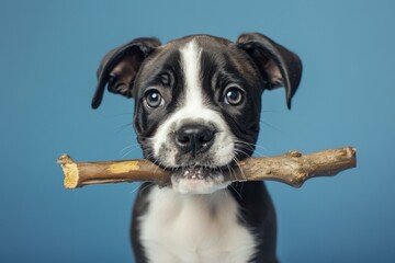 Adorable puppy happily chewing on chew stick looking at camera 9 weeks old Boxer Pitbull mix female Blue background - obrazy, fototapety, plakaty